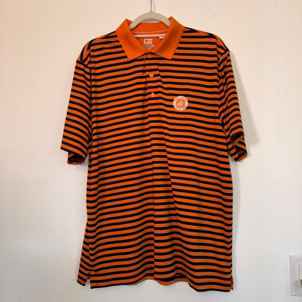 Cutter & Buck Drytec Mens L Golf Polo Shirt Short Sleeves Striped Orange Outdoor